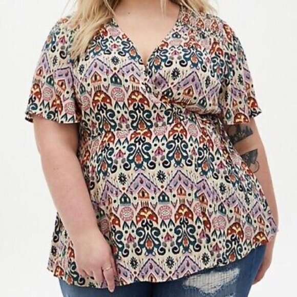 Torrid Ikat Rayon Crepe Smocked Surplice Top Spring Wrap Blouse Womens 3X - Picture 1 of 10